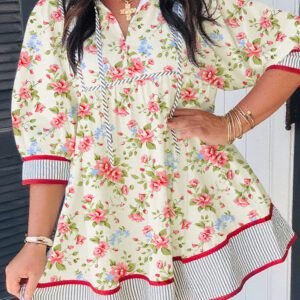 Apricot Striped Edge 3/4 Puff Sleeve Floral Dress