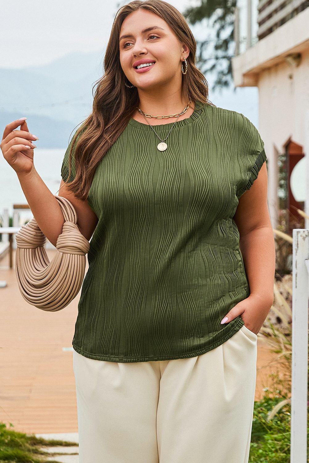 Jungle Green Solid Color Wavy Textured Plus Size Tee