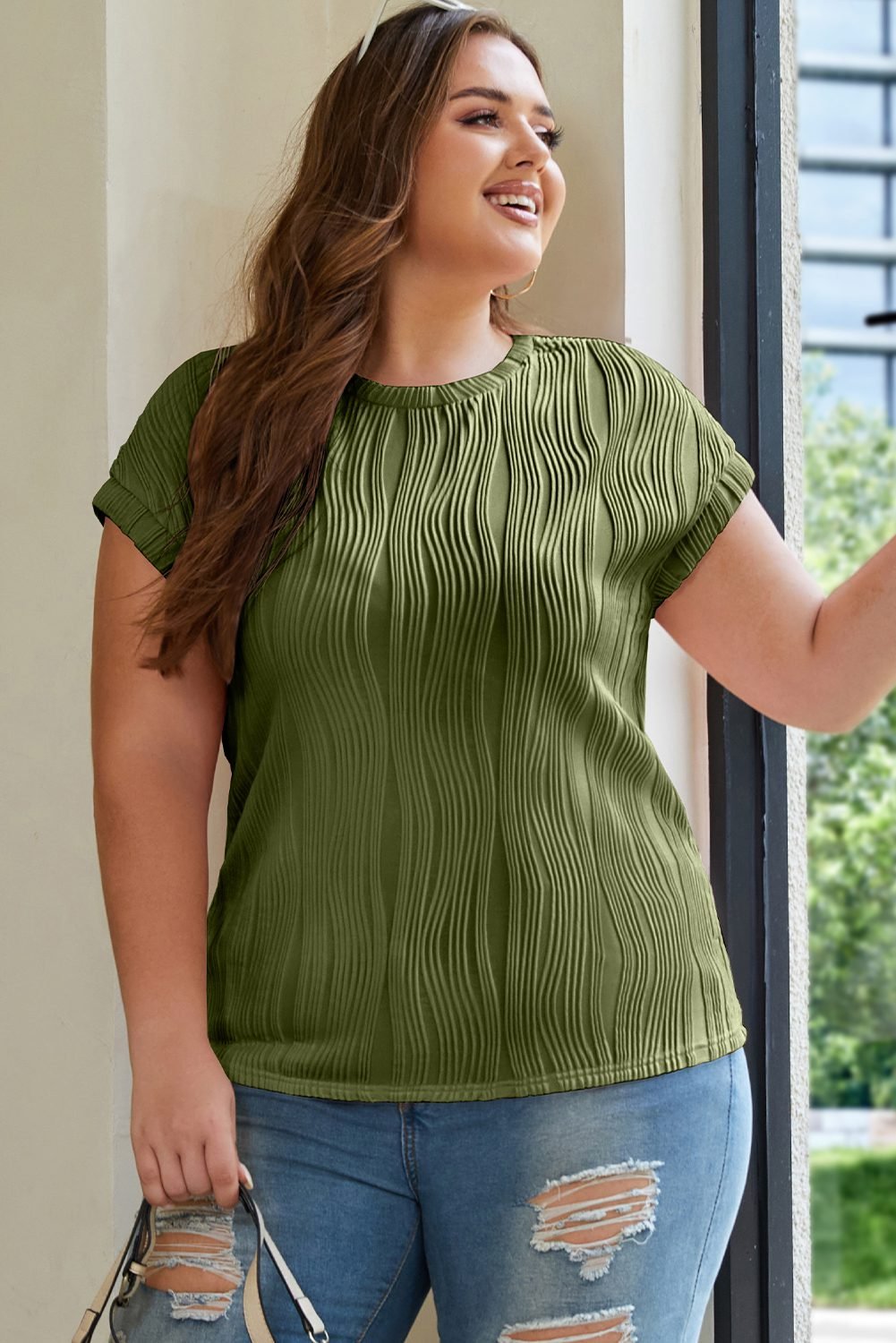 Jungle Green Solid Color Wavy Textured Plus Size Tee