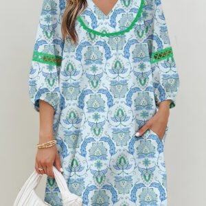 Sky Blue Boho Paisley Print Contrasted Patchwork Detail Bracelet Sleeve Loose Mini Dress