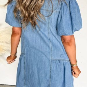 Beau Blue Button Down Short Puff Sleeve Ruffle Hem Patchwork Denim Dress