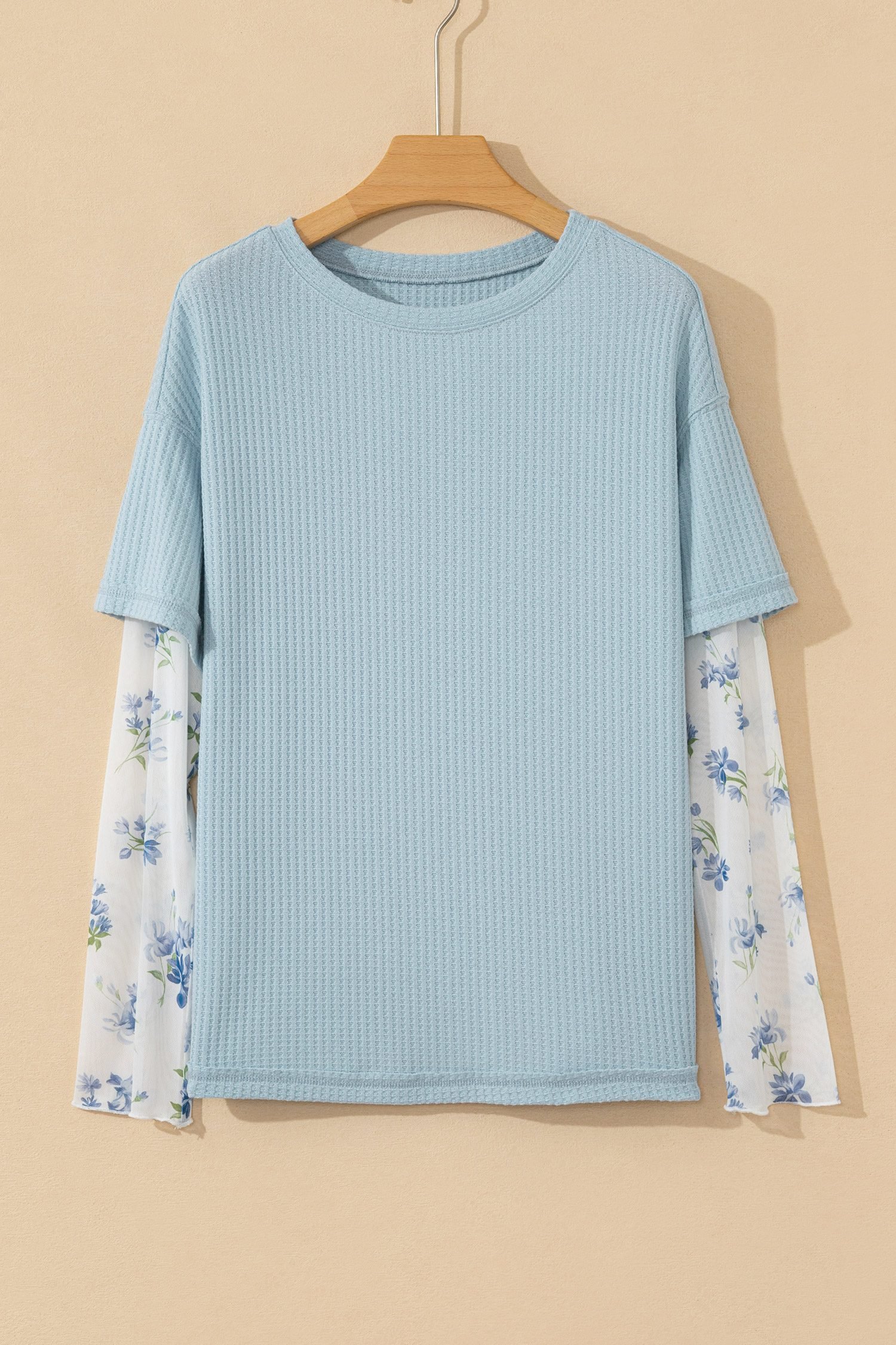 Beau Blue Floral Lace Sleeve Patchwork Waffle Fake Two-piece Top