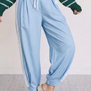 Beau Blue Lace Accent Floral Patched Pocket Pleated Wide Leg Slouchy Pants