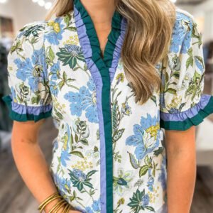 Beige Floral Print Contrasted Frilled Striped Trim Short Sleeve Blouse