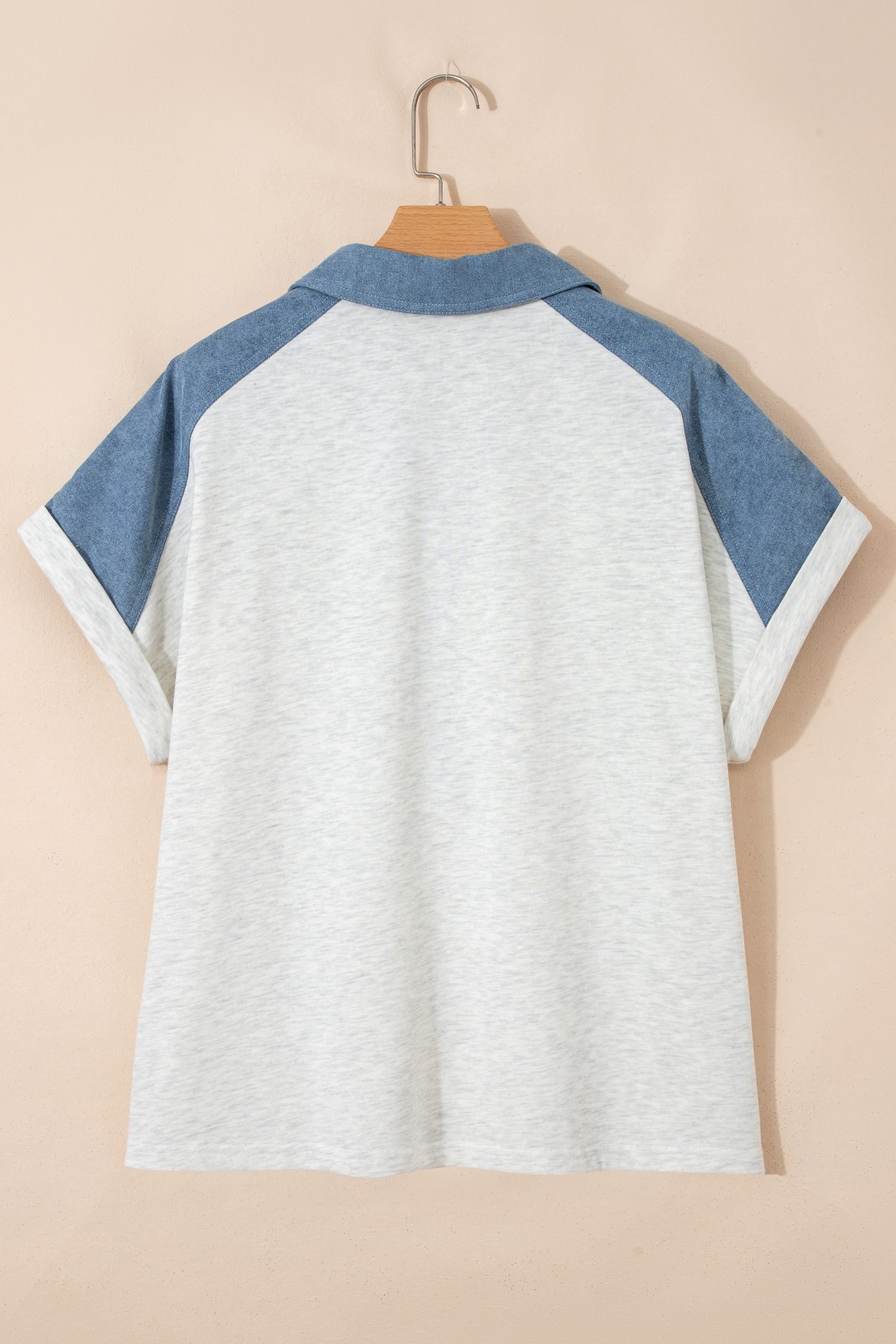 Beige Plus Size Contrast Denim Patchwork Cuffed Sleeve Polo Tee