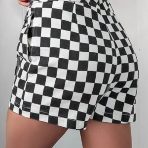 Black Checkered Print Overlap Denim Shorts