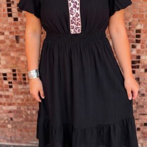 Black Leopard V Neck Patchwork Smocked Waist Plus Size Ruffled Dress