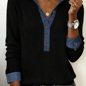 Black Ribbed Knit Contrast Denim Patchwork Hooded Long Sleeve Top