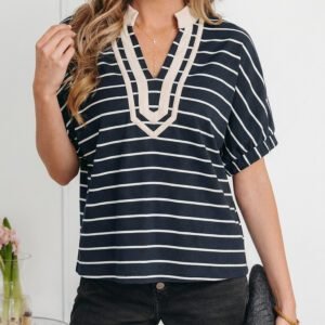 Black Stripe Stand Collar V Neck Elastic Cuffs Half Sleeve Dolman Top