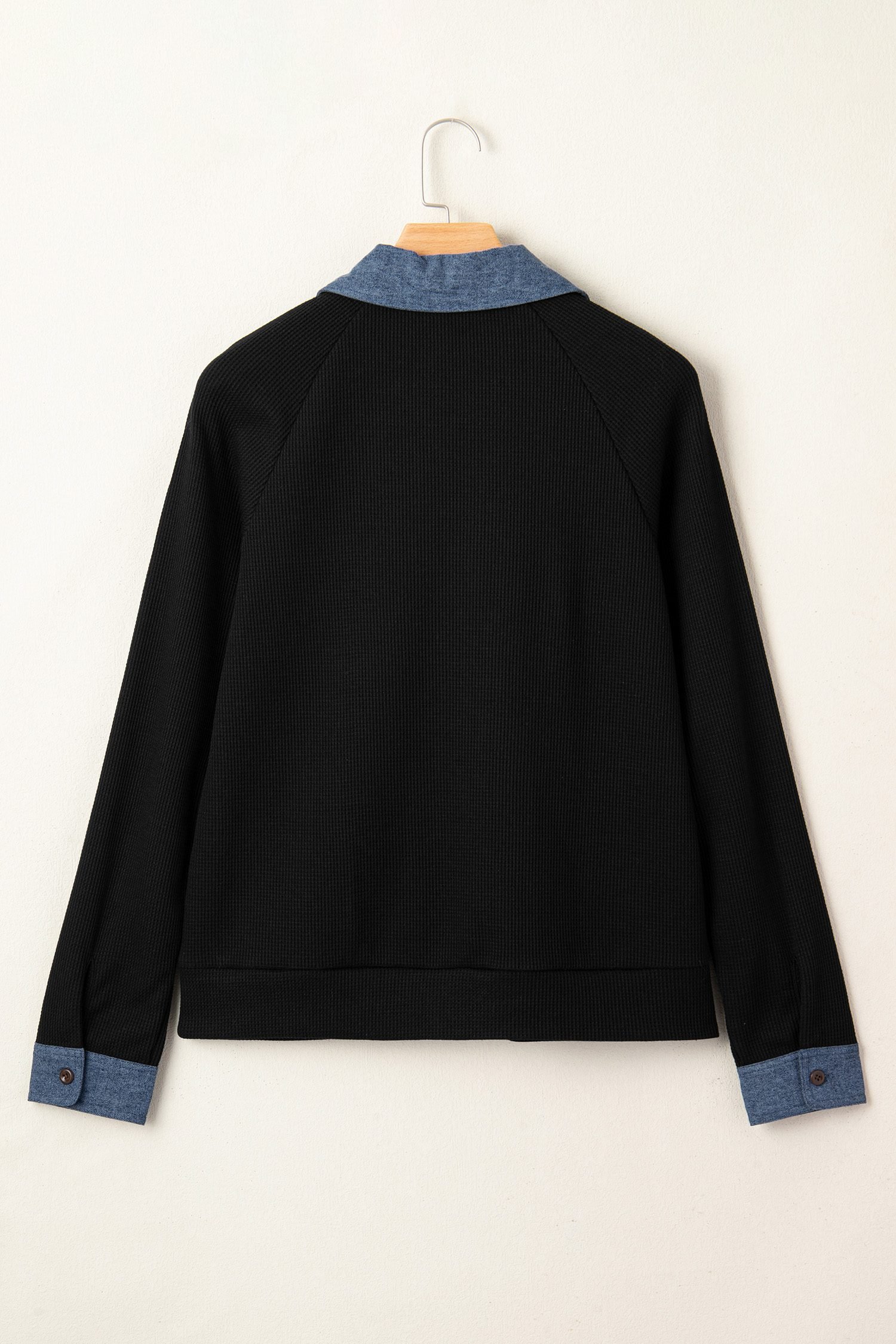 Black Textured Knit Denim Patchwork Button Polo Collar Long Sleeve Top
