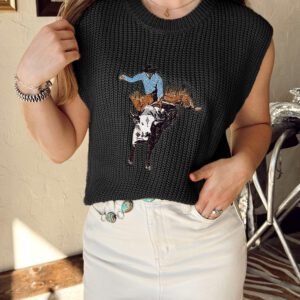 Black Western Cowboy Embroidery Round Neck Sleeveless Sweater