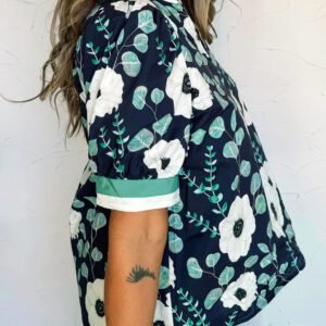 Blue Floral Print Striped Patchwork V Neck Short Sleeve Blouse