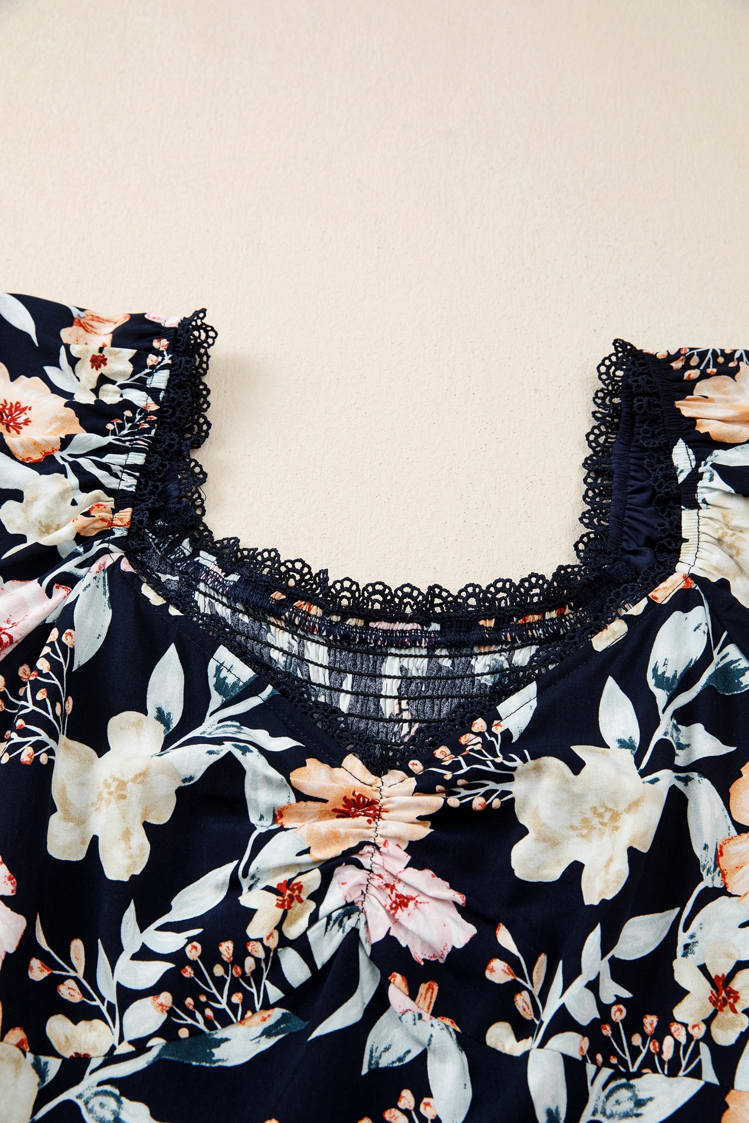 Blue Short Sleeve Smocked Detail High Waist Floral Maxi Dress