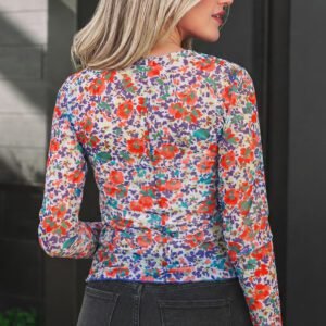 Blue Slim Fit Floral Mesh Long Sleeve Mock Neck Top