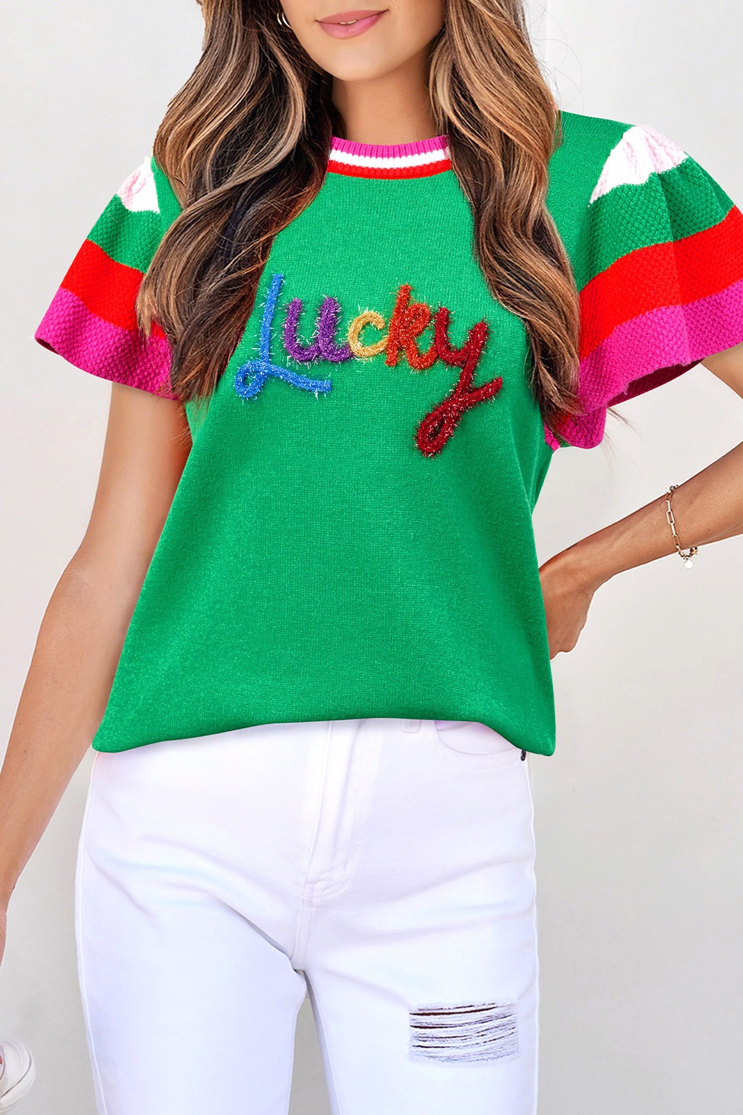 Bright Green Shiny Lucky Striped Flutter Sleeve Round Neck Sweater