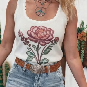 White Retro Floral Print Scalloped Square Neck Knit Sweater Vest