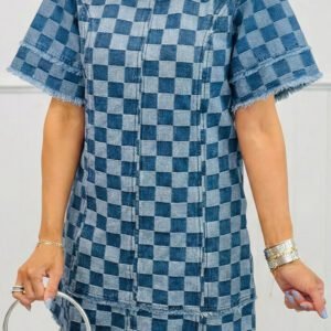 Sky Blue Frayed Hem Checkered Denim Mini Dress