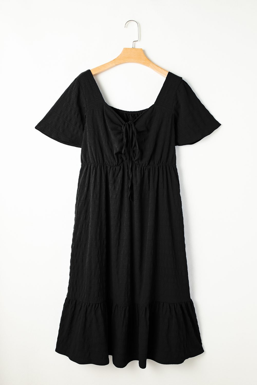 Black Plus Size Short Sleeve Lace-up High Waist Midi Dress