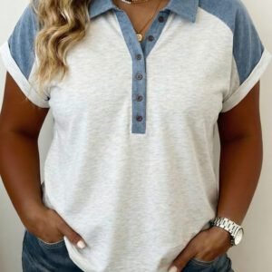 Beige Plus Size Contrast Denim Patchwork Cuffed Sleeve Polo Tee