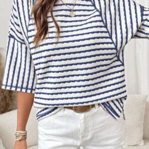 Blue Stripe Textured Knit Split Hem Half Sleeve Loose Top