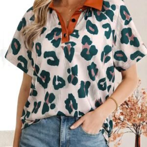 Casual Unique Leopard Print Button Contrast Collared Short Sleeve Blouse