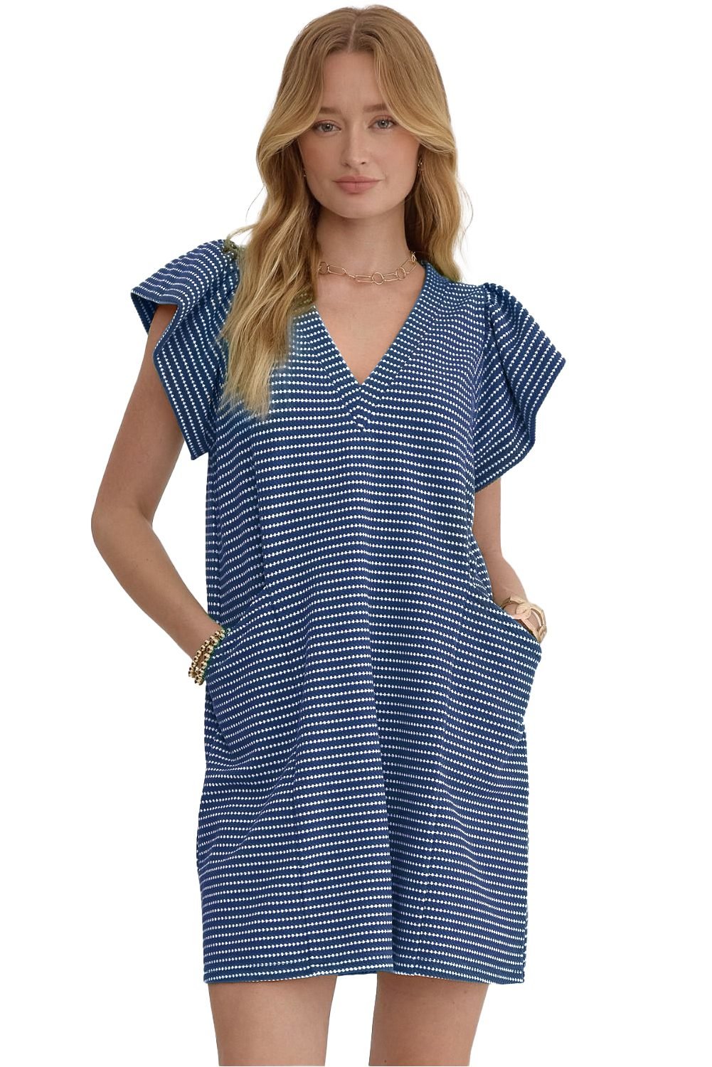 Blue Stripe Textured Knit V Neck Flutter Sleeve Shift Mini Dress
