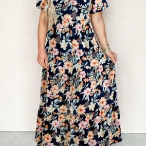 Blue Short Sleeve Smocked Detail High Waist Floral Maxi Dress