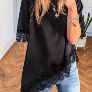 Black Asymmetric Lace Trim Short Sleeve Satin Top