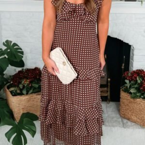 Coffee Polka Dot Print Backless Ruffled Tiered Maxi Dress