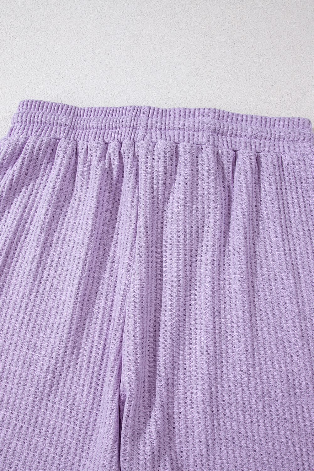 Orchid Petal Solid Color Waffled V Neck Loose Tee Drawstring Shorts Set