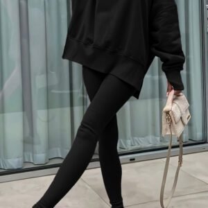 Black Solid Color Oversize Slit Sweatshirt Ribbed Leggings 2pcs Set