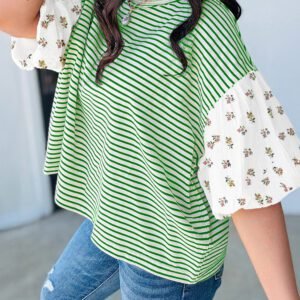 Green Stripe Floral Puff Sleeve Patchwork Round Neck Loose Top