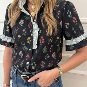 Black Contrast Frilled Trim Short Sleeve Floral Shirt