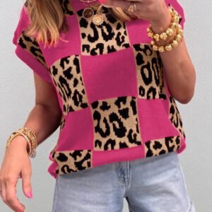 Rose Red Leopard Checkerboard Short Sleeve Knit Sweater