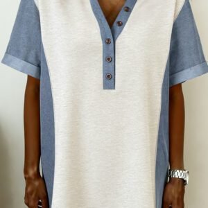 Light Grey Denim Color Block Patchwork Button Polo Collar T Shirt Tunic Dress