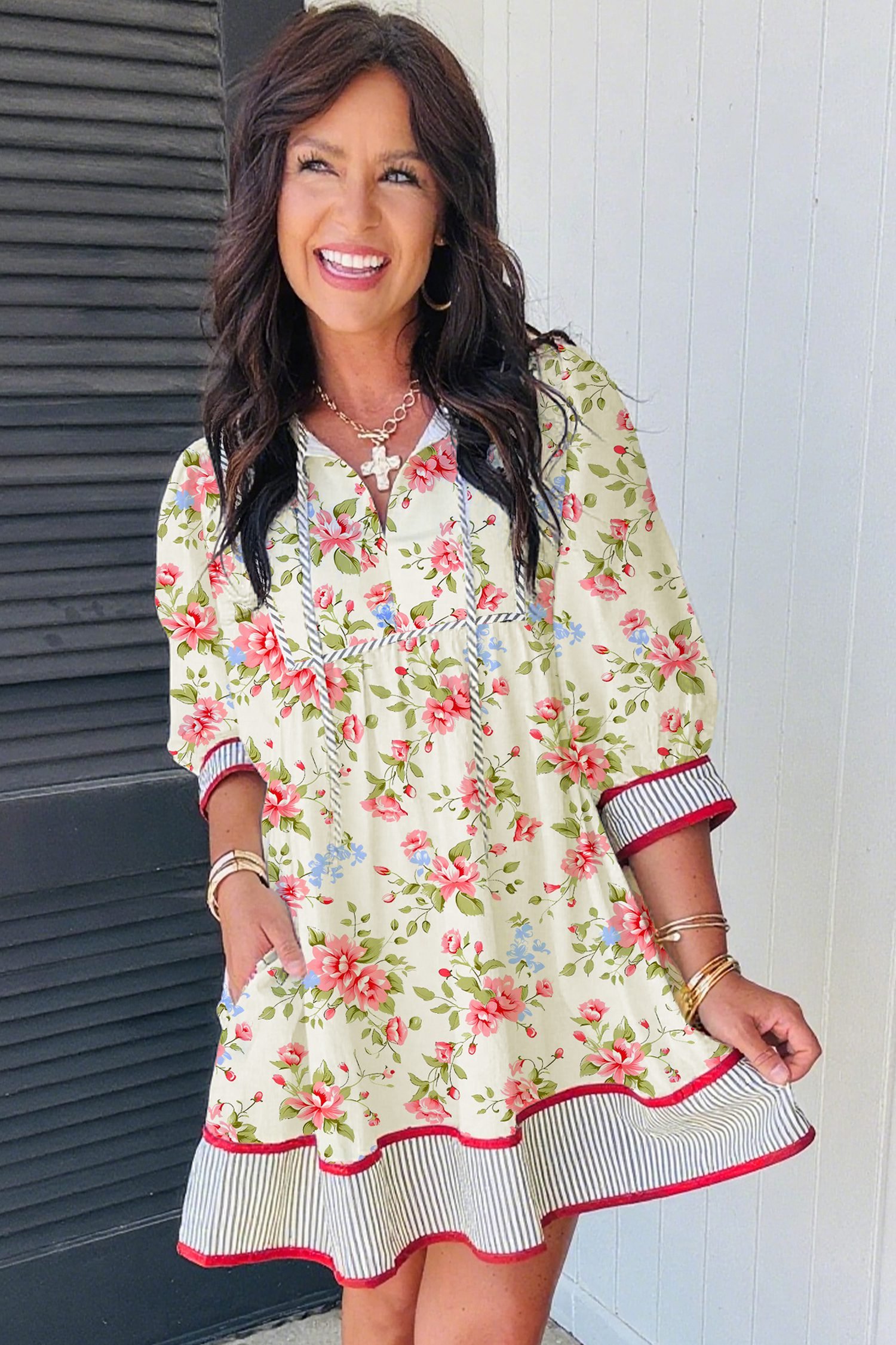 Apricot Striped Edge 3/4 Puff Sleeve Floral Dress