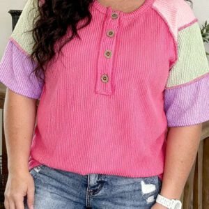 Bright Pink Plus Size Twisted Rib Color Block Patchwork Short Sleeve Henley Top