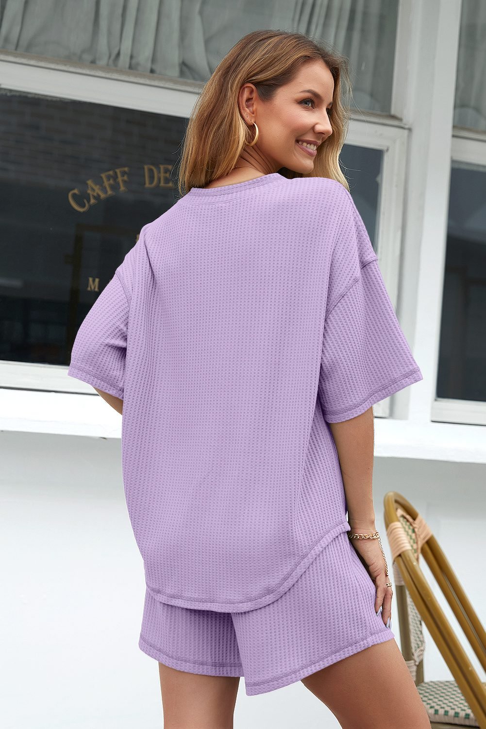 Orchid Petal Solid Color Waffled V Neck Loose Tee Drawstring Shorts Set