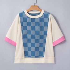 Dusk Blue Checkered Denim Patchwork Short Sleeve Loose Top