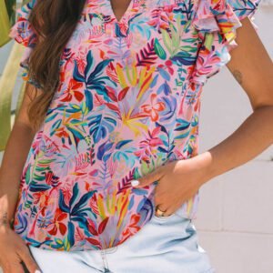 Pink Tropical Floral Print Frilly Notched Neck Ruffled Short Sleeve Blouse
