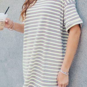 White Stripe Drop Shoulder Cuffed Sleeve Loose Tunic T Shirt Mini Dress
