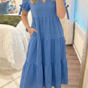 Dusk Blue Gingham Textured Bow Tie Short Sleeve Tiered Midi Dress