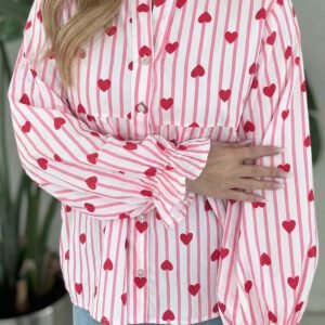 Pink Stripe Textured Heart Print Long Flounce Sleeve Shirt