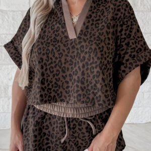 Brown V Neck Collar Leopard Printed 2pcs Short Set