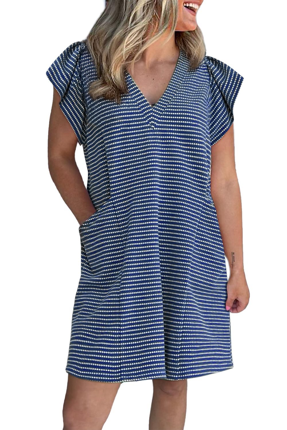 Blue Stripe Textured Knit V Neck Flutter Sleeve Shift Mini Dress