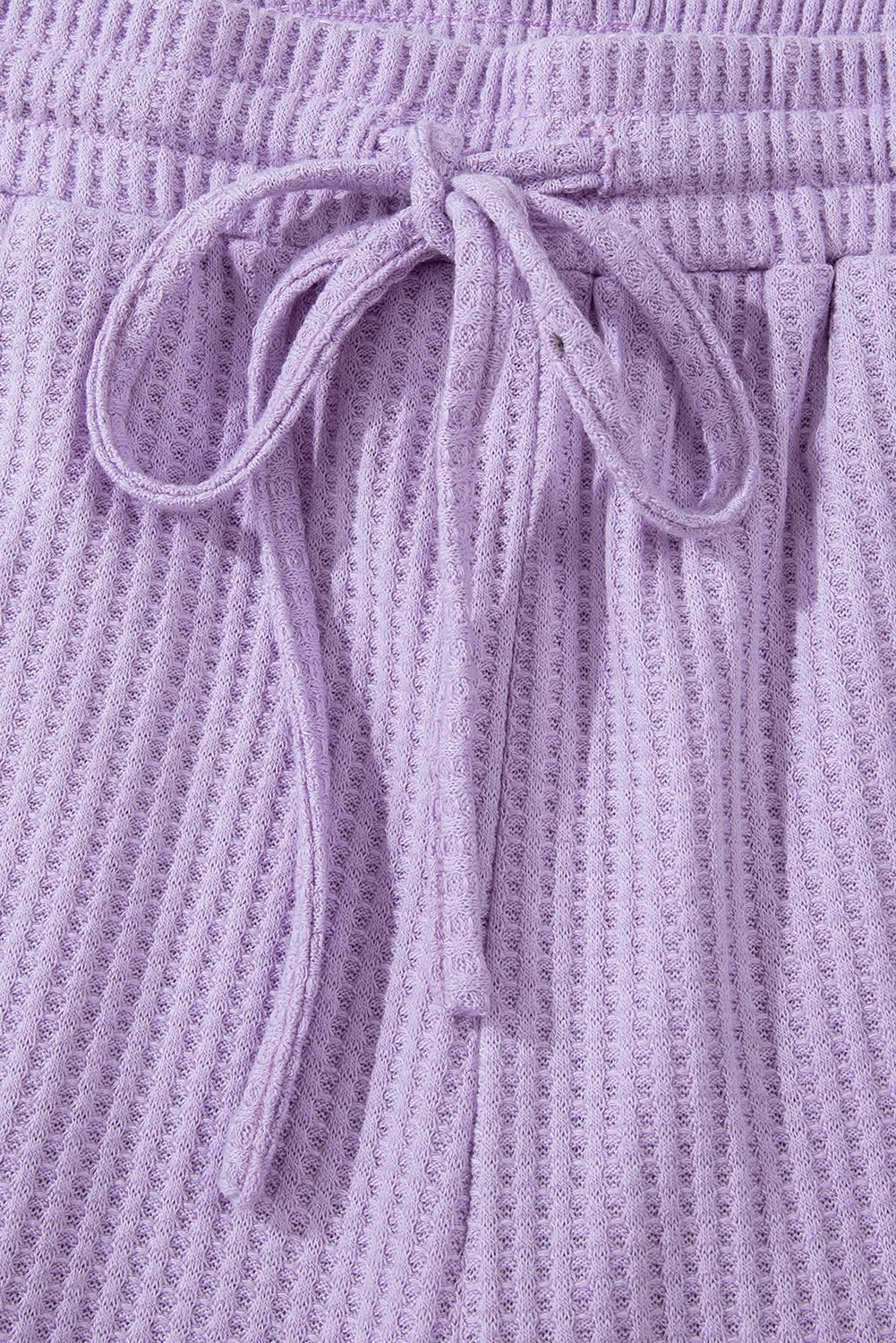 Orchid Petal Solid Color Waffled V Neck Loose Tee Drawstring Shorts Set