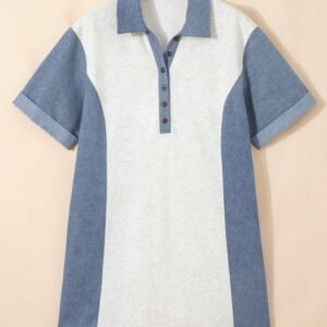 Light Grey Denim Color Block Patchwork Button Polo Collar T Shirt Tunic Dress