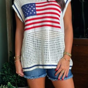 White USA Flag Eyelet Knitted Cap Sleeve Sweater Top