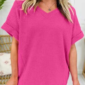 Strawberry Pink Waffle V Neck Short Sleeve Knit Top