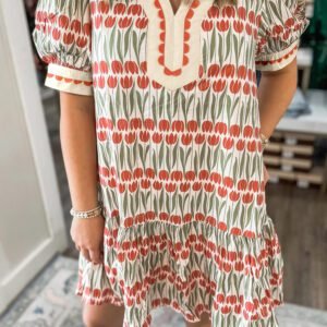 White Tulip Floral Print Cotton Puff Short Sleeve Mini Dress